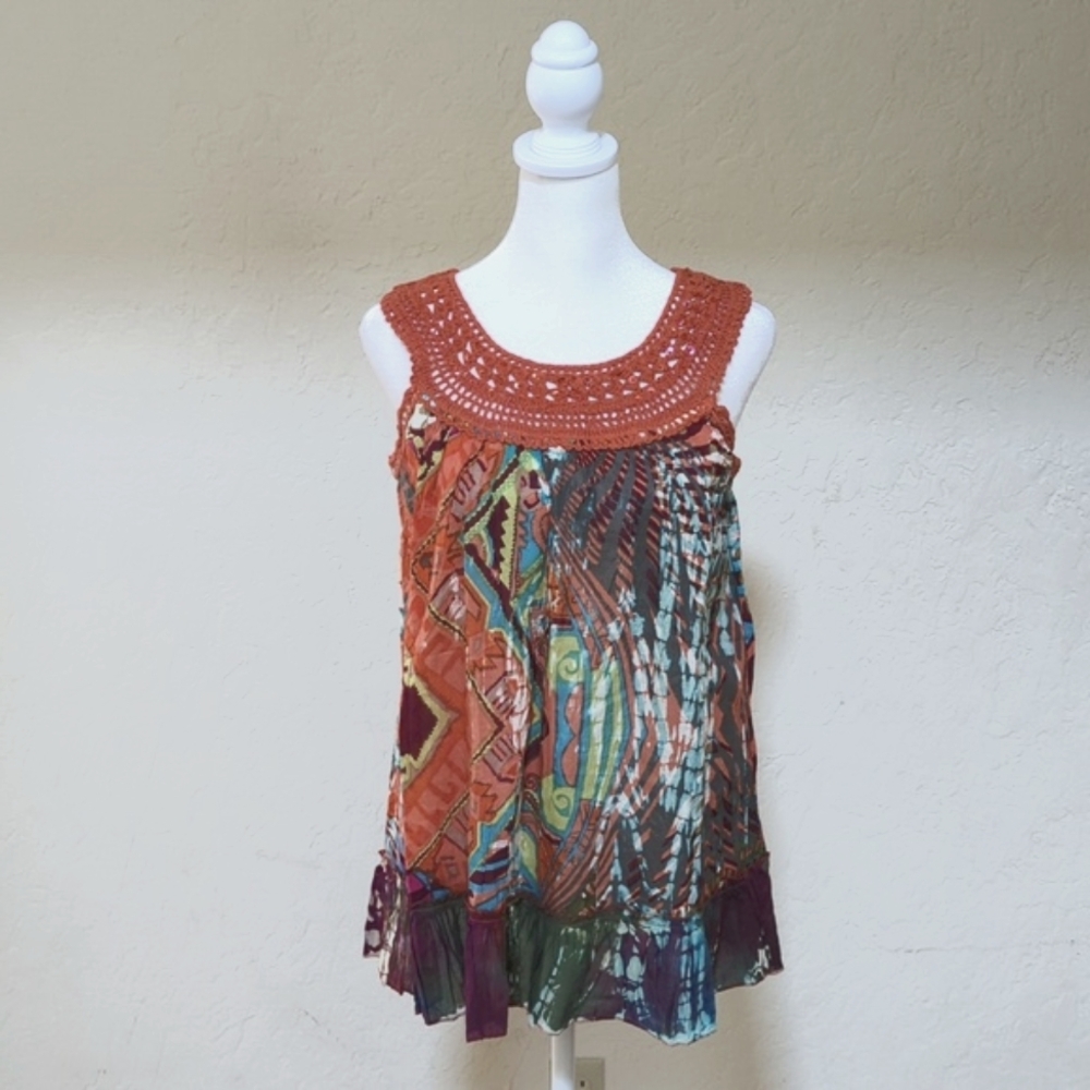 Chaudry KC Tropical Print Crochet Halter Sleeveless Cotton Blouse Size Small
